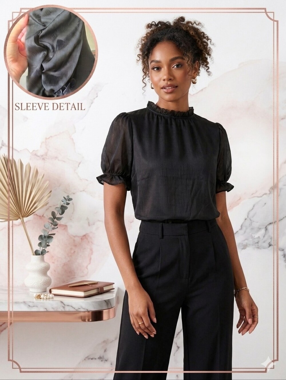 Mele E Pere Mock Neck Ruffled Puff Sleeve Semi Sheer Top